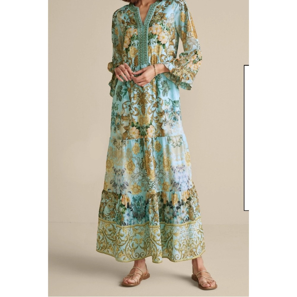 Soft Surroundings Blue Floral Baroque Maxi Dress M Beaded Romantic Cottage Boho